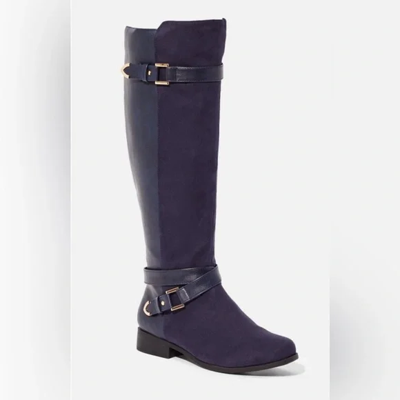 JustFab Hollie Navy Blue Knee-High Flat Boots Faux Suede Gold Buckle Women’s - Picture 4 of 10